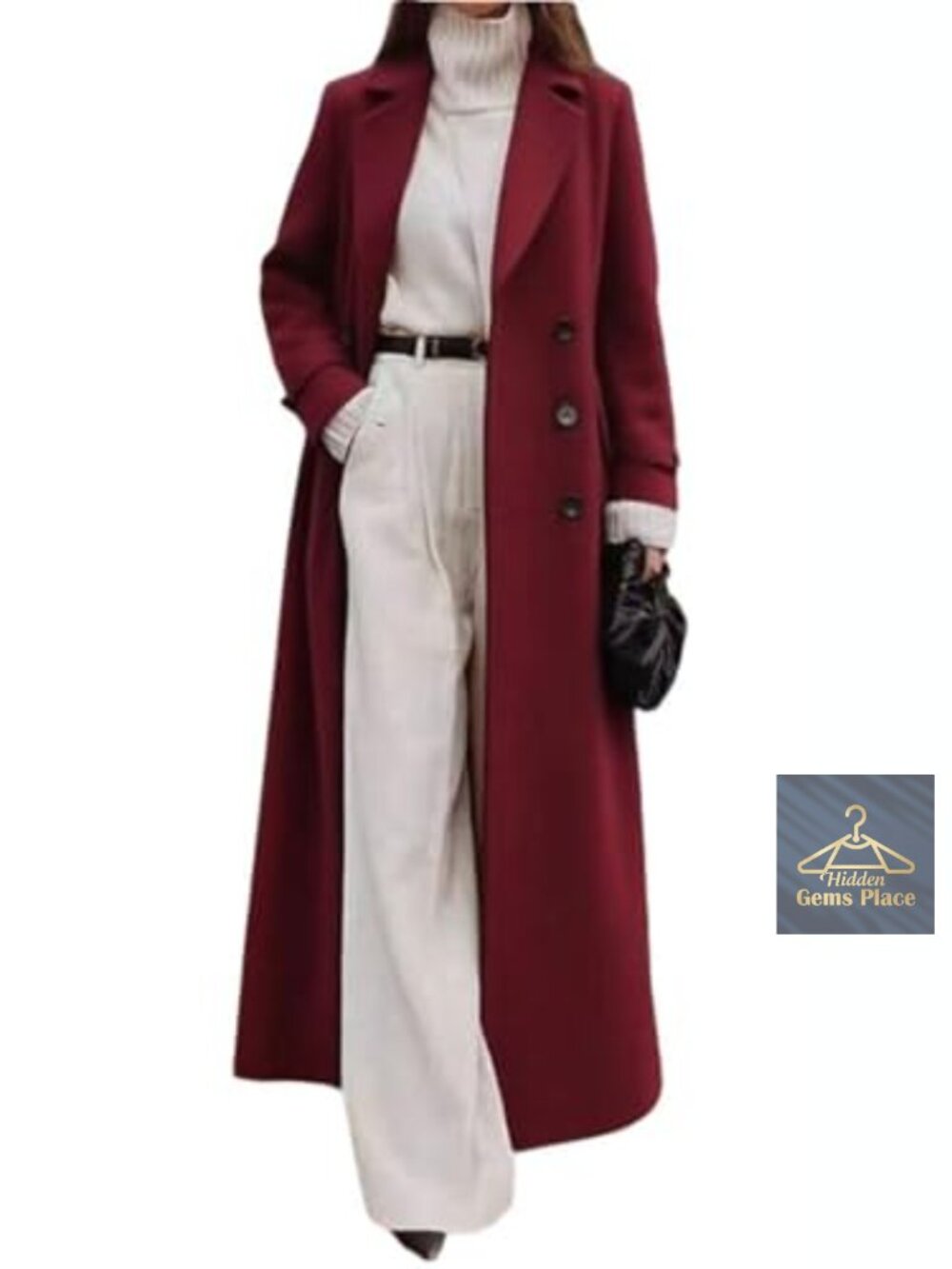 Women's Wool Blend Double Breasted Long Coat with Notch Lapel